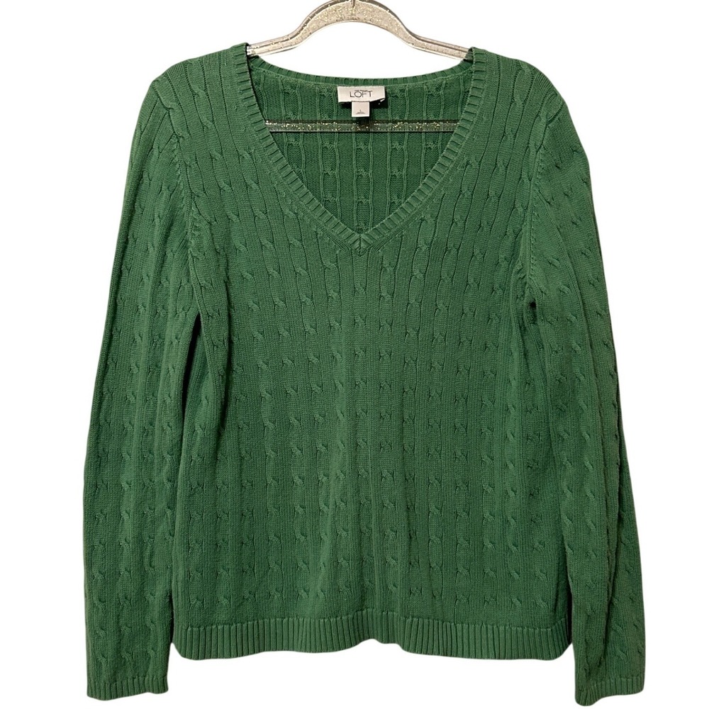 Ann Taylor LOFT Green Cable Knit V-Neck Sweater Womens Large Long‎ Sleeve